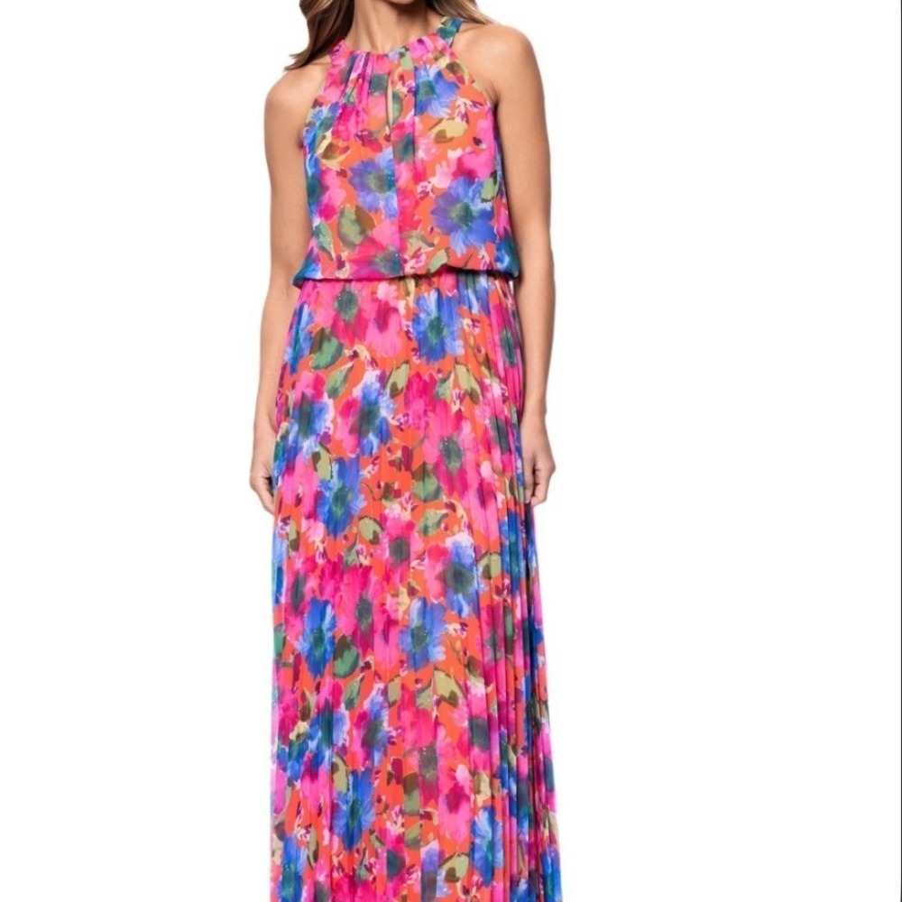 Xscape Floral Chiffon Maxi Dress Women 8 Pleated Halter MSRP $249